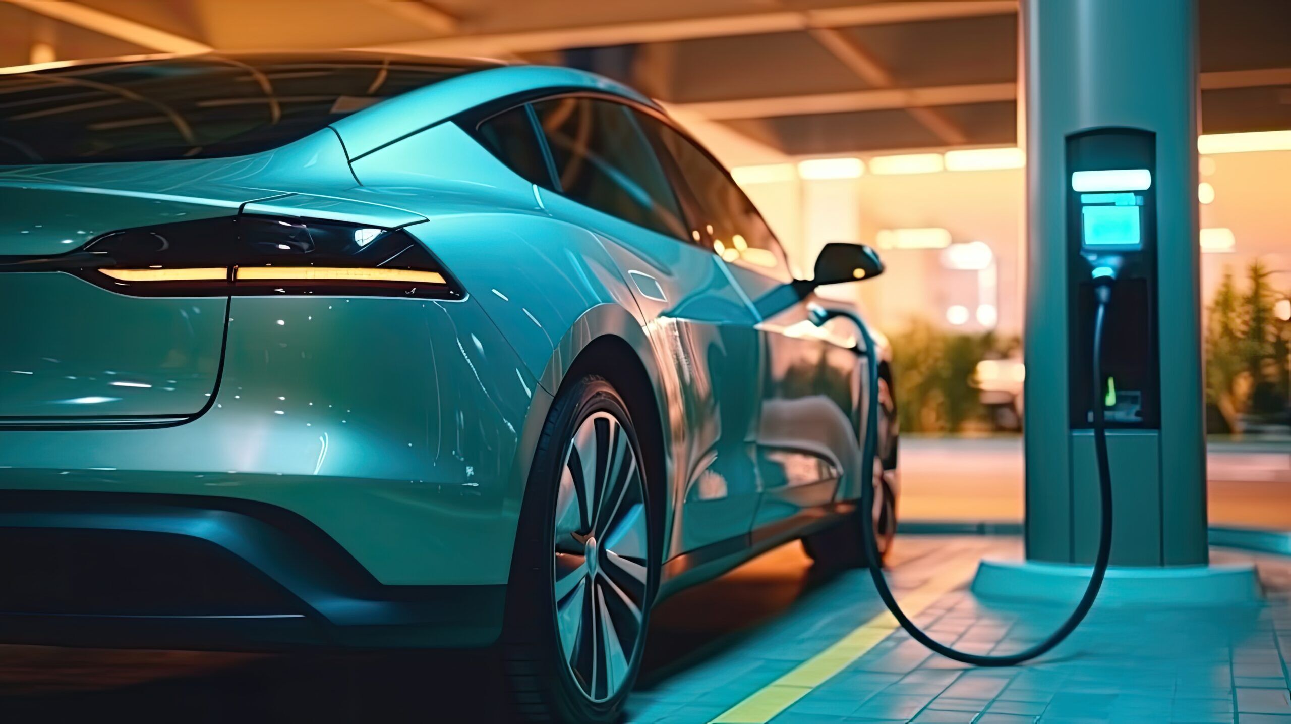 Power supply connected to electric vehicle charge battery. EV charging station for electric car or Plug in hybrid car. Automotive innovation and technology concepts. Generative Ai